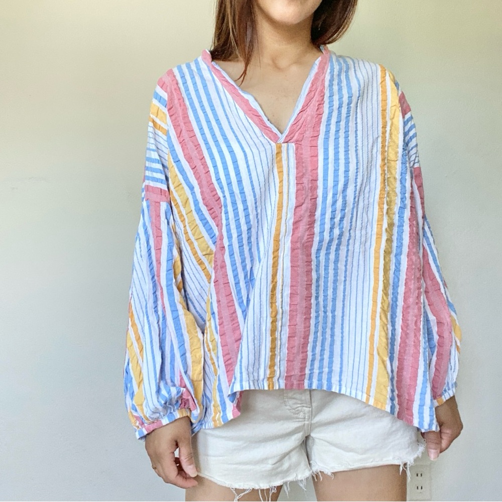 The LOU & GRAY Oversize Multi-Color Striped Balloon Sleeves Blouse